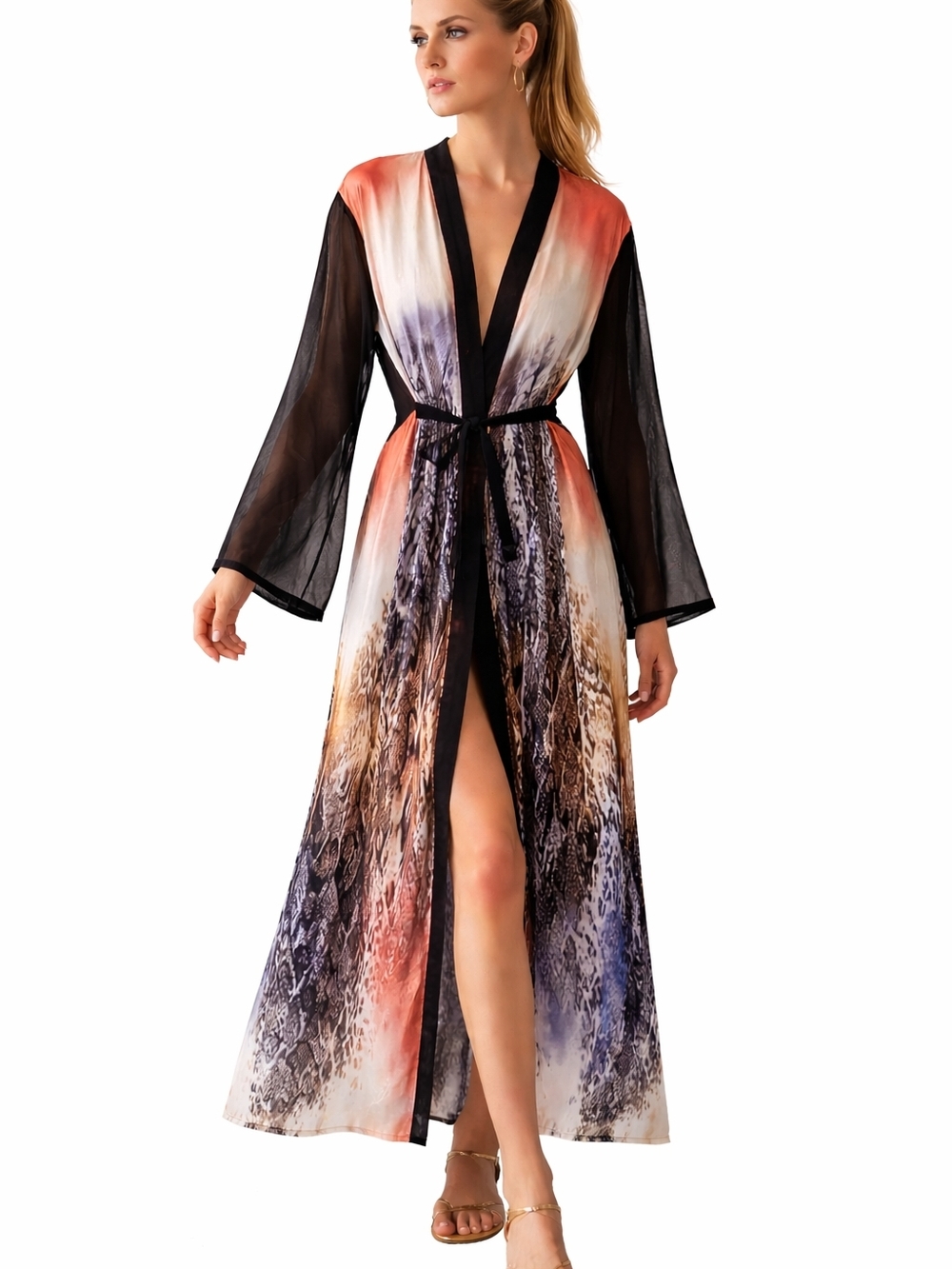 Onna Ehrlich Multicolor Maxi Robe with Black Sheer Sleeves